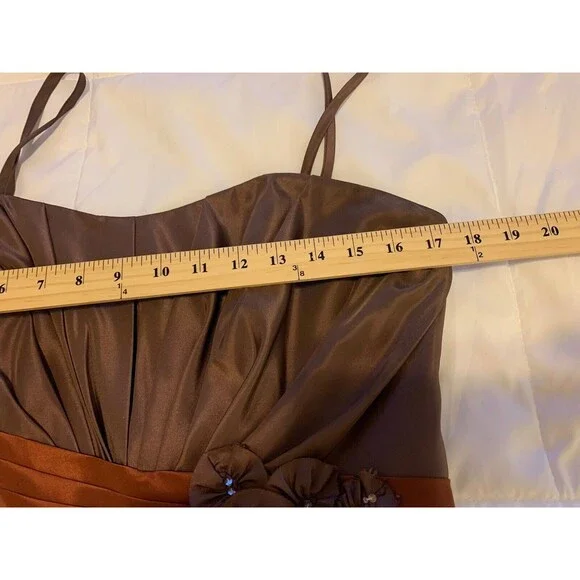 Simone Carvalli Dress Brown Woodland Forest Fairy Ruched Floral Appliqué Size 12 - Picture 14 of 16